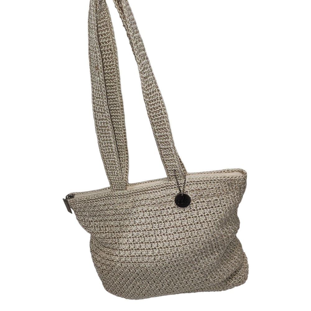 The Sak Crochet Metallic Hobo Shoulder Bag Zipper Closure Purse